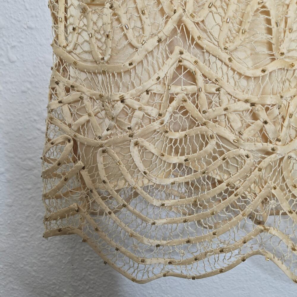 Vintage 80s Top Womens 2X Ivory 100% Silk Crochet Lace‎ Scallop Gold Beaded Glam - Picture 4 of 10